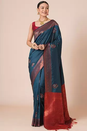 Teal women ethnic motifs woven design banarasi saree
