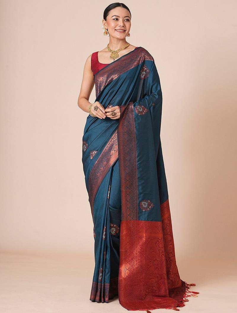 Teal women ethnic motifs woven design banarasi saree