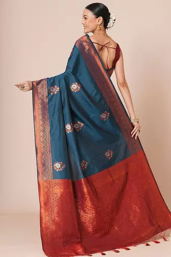 Teal women ethnic motifs woven design banarasi saree