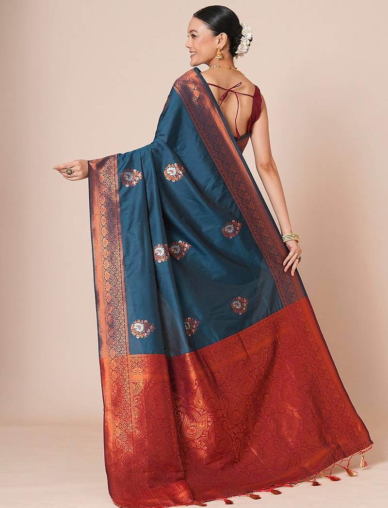 Teal women ethnic motifs woven design banarasi saree