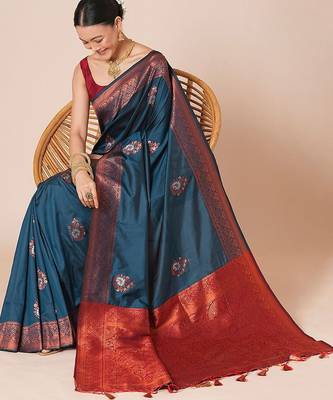 Teal women ethnic motifs woven design banarasi saree 4