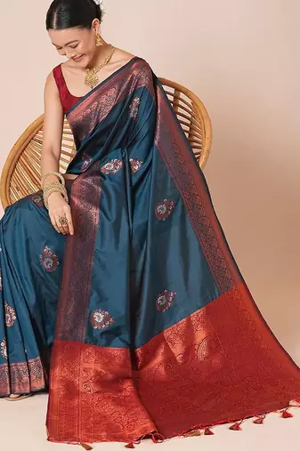 Teal women ethnic motifs woven design banarasi saree