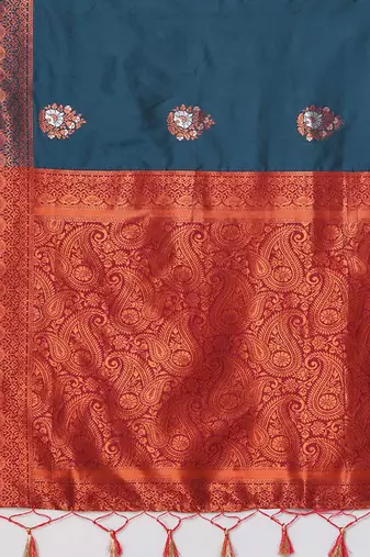 Teal women ethnic motifs woven design banarasi saree