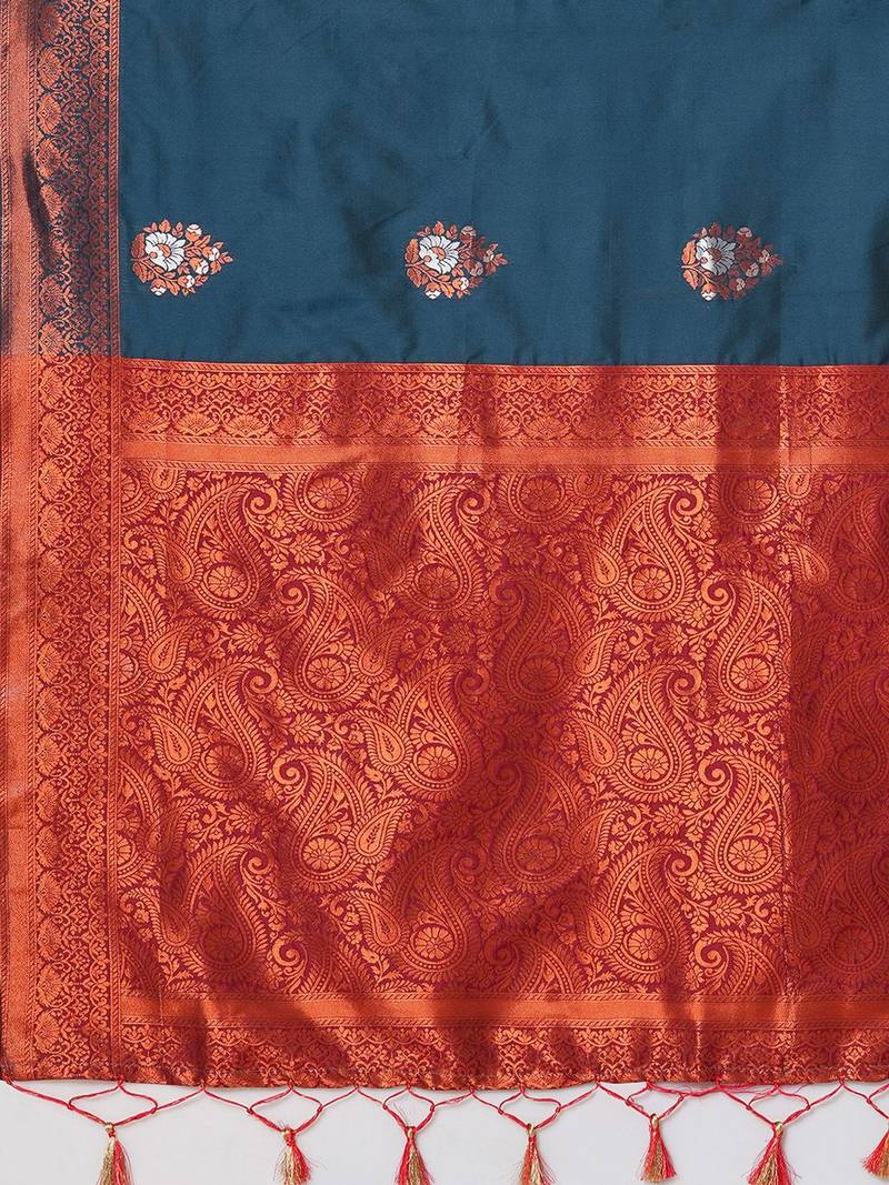 Teal women ethnic motifs woven design banarasi saree