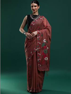Brown woven design saree with blouse 1
