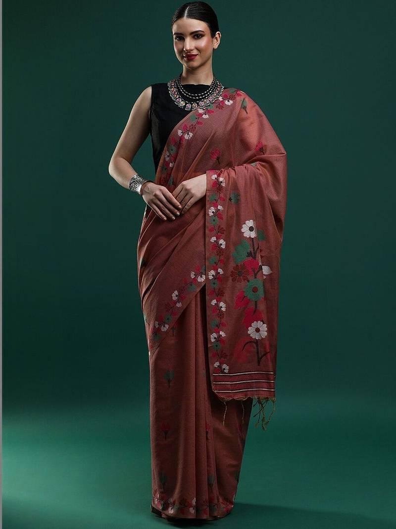 Brown woven design saree with blouse