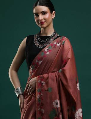 Brown woven design saree with blouse 2