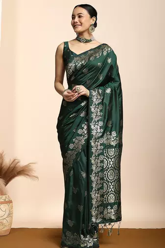 Green woven design kanjeevaram saree with blouse piece