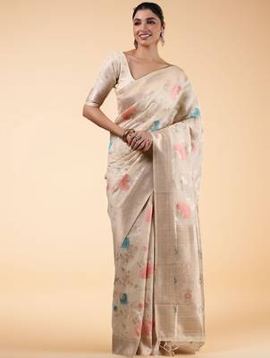 Off white women floral woven design banarasi saree 1