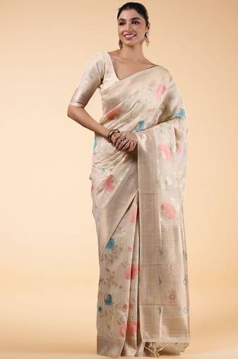 Off white women floral woven design banarasi saree