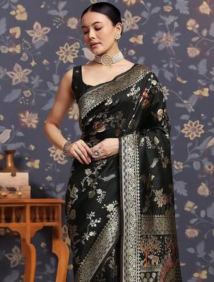 Black ethnic motifs woven design zari kanjivaram saree 1