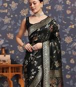 Black ethnic motifs woven design zari kanjivaram saree