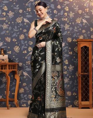 Black ethnic motifs woven design zari kanjivaram saree 2