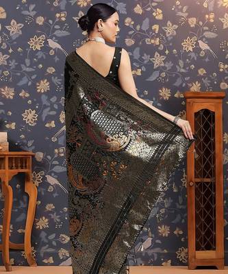 Black ethnic motifs woven design zari kanjivaram saree 4
