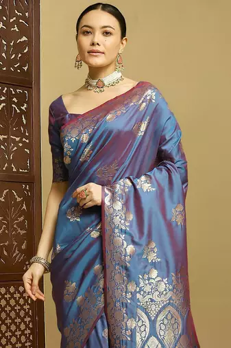 Blue ethnic motifs woven design zar kanjeevaram saree