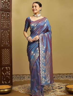 Blue ethnic motifs woven design zar kanjeevaram saree 2