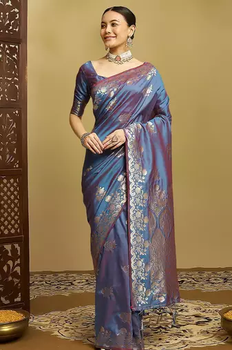 Blue ethnic motifs woven design zar kanjeevaram saree
