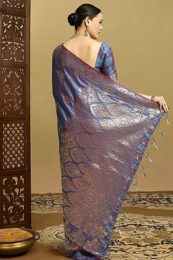 Blue ethnic motifs woven design zar kanjeevaram saree