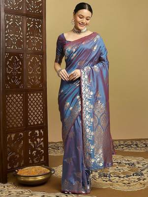 Blue ethnic motifs woven design zar kanjeevaram saree 4
