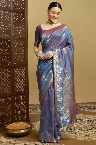 Blue ethnic motifs woven design zar kanjeevaram saree