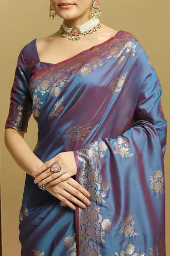 Blue ethnic motifs woven design zar kanjeevaram saree