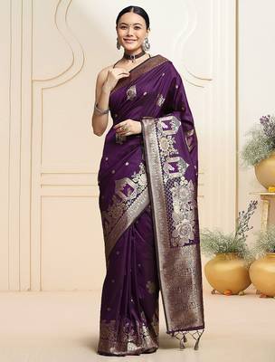 Purple woven design kanjeevaram saree with blouse piece 1