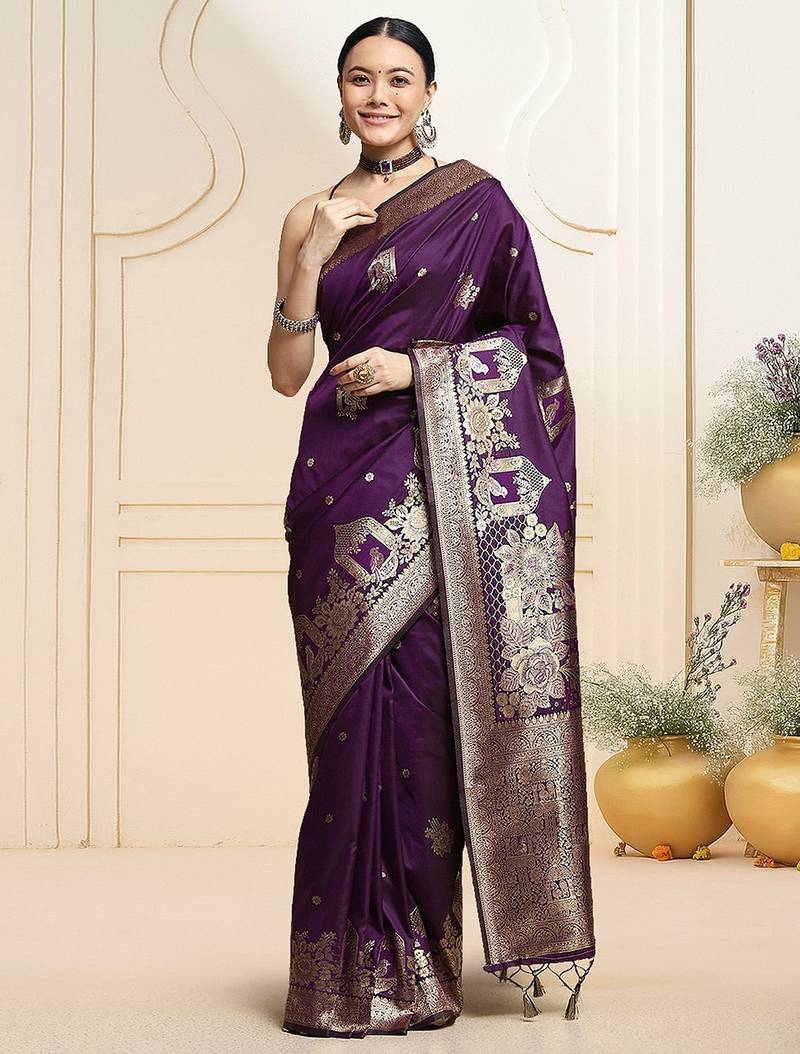 Purple woven design kanjeevaram saree with blouse piece