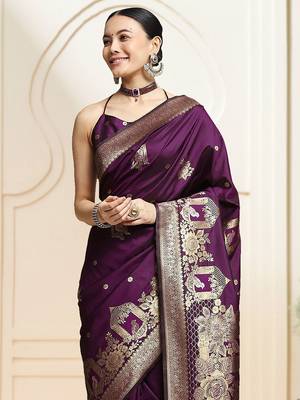 Purple woven design kanjeevaram saree with blouse piece 4