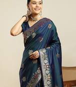 Teal woven design zari kanjivaram saree with unstitched blouse