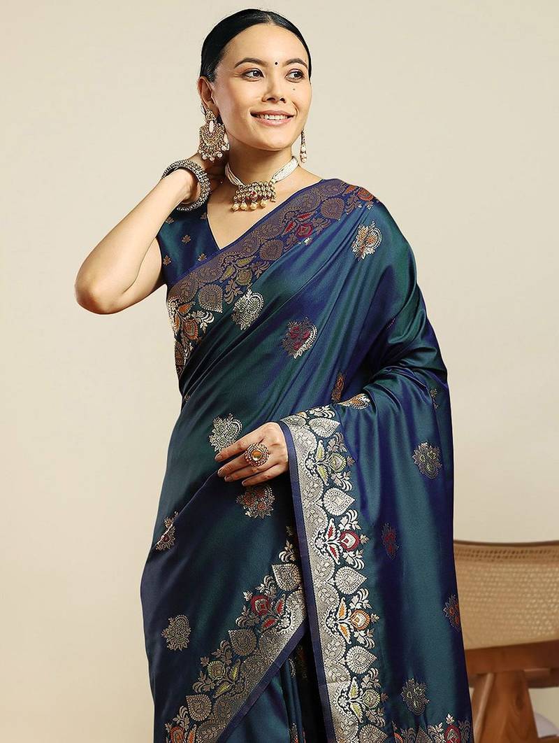 Teal woven design zari kanjivaram saree with unstitched blouse