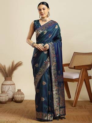 Teal woven design zari kanjivaram saree with unstitched blouse 2