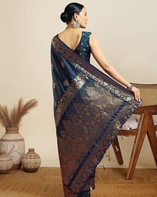 Teal woven design zari kanjivaram saree with unstitched blouse 3