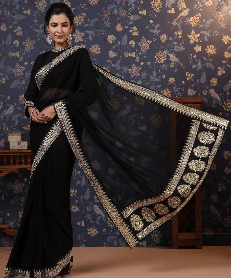 Black embroidered border detail saree with blouse piece