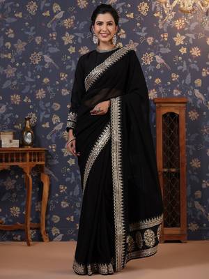 Black embroidered border detail saree with blouse piece 2