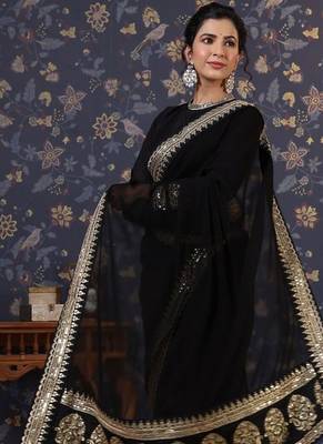 Black embroidered border detail saree with blouse piece 3