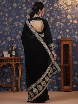Black embroidered border detail saree with blouse piece 4