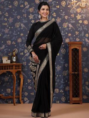Black embroidered border detail saree with blouse piece 5