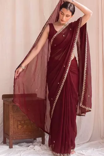 Maroon embroidered tissue designer saree