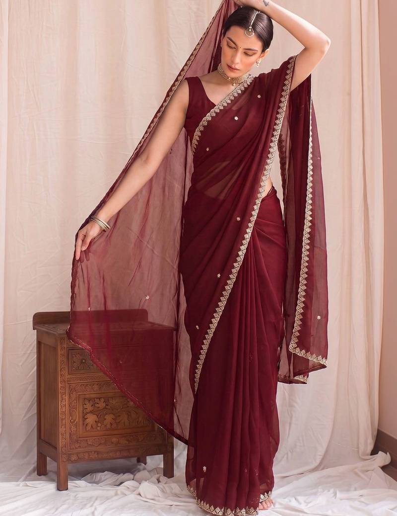 Maroon embroidered tissue designer saree