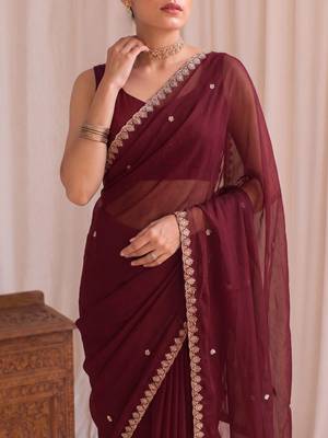 Maroon embroidered tissue designer saree 2