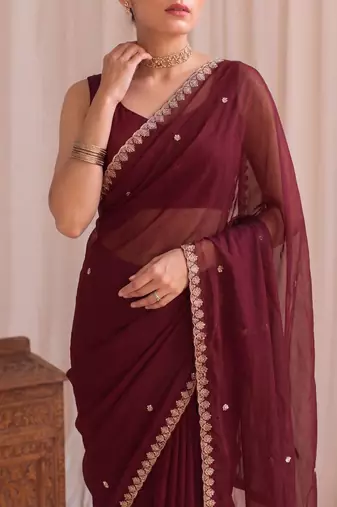Maroon embroidered tissue designer saree