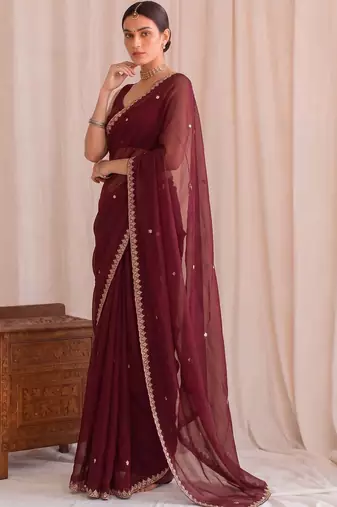 Maroon embroidered tissue designer saree