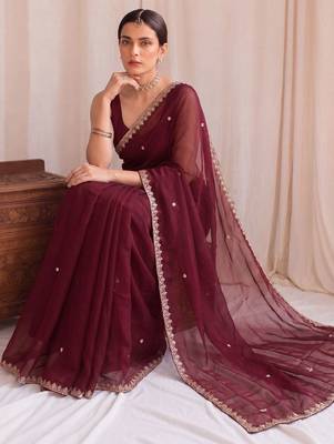 Maroon embroidered tissue designer saree 4
