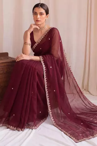 Maroon embroidered tissue designer saree