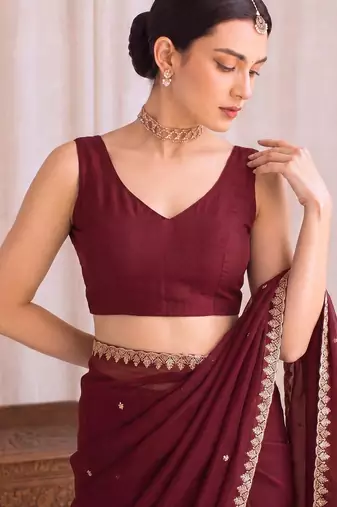 Maroon embroidered tissue designer saree