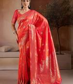 Red woven design banarasi saree with unstitched blouse