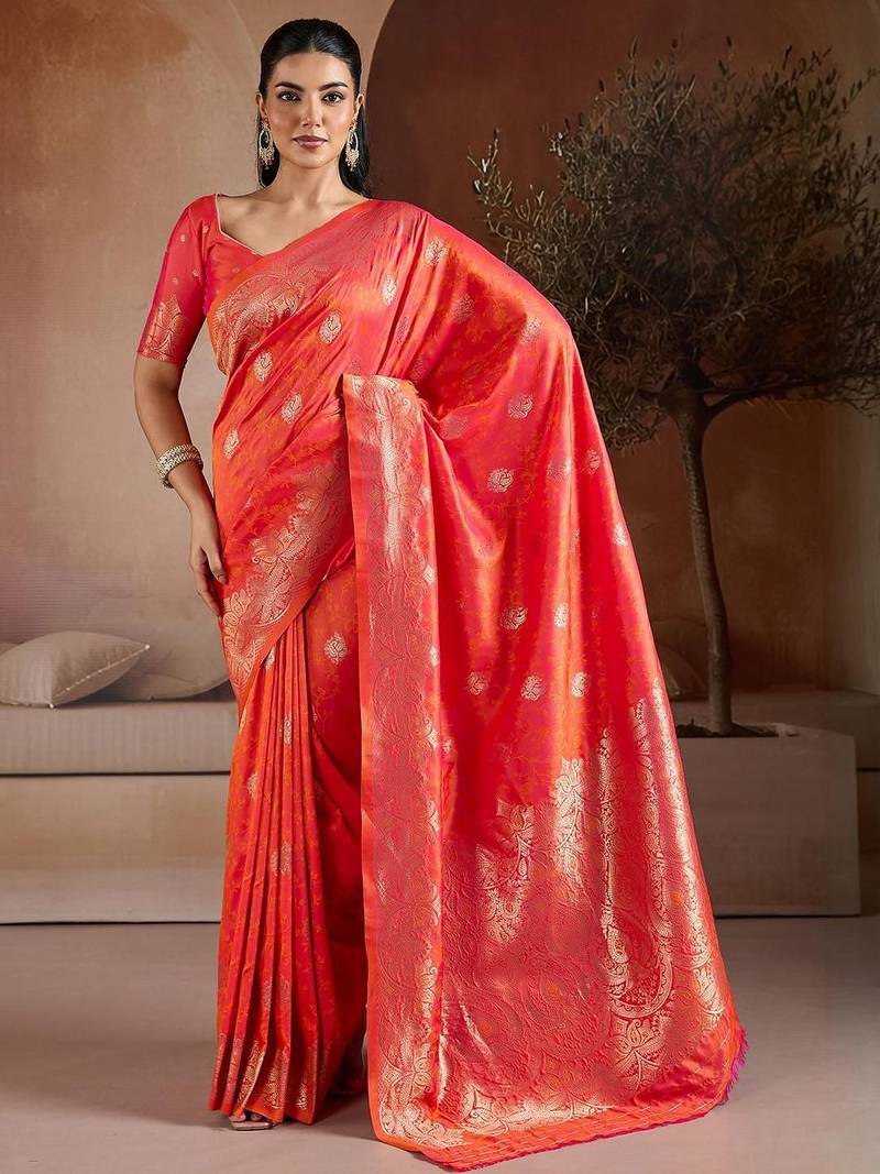 Red woven design banarasi saree with unstitched blouse