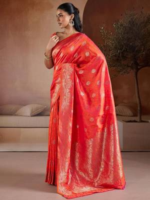 Red woven design banarasi saree with unstitched blouse 2
