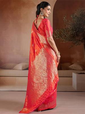 Red woven design banarasi saree with unstitched blouse 3