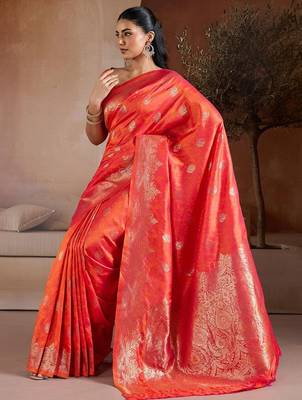 Red woven design banarasi saree with unstitched blouse 4